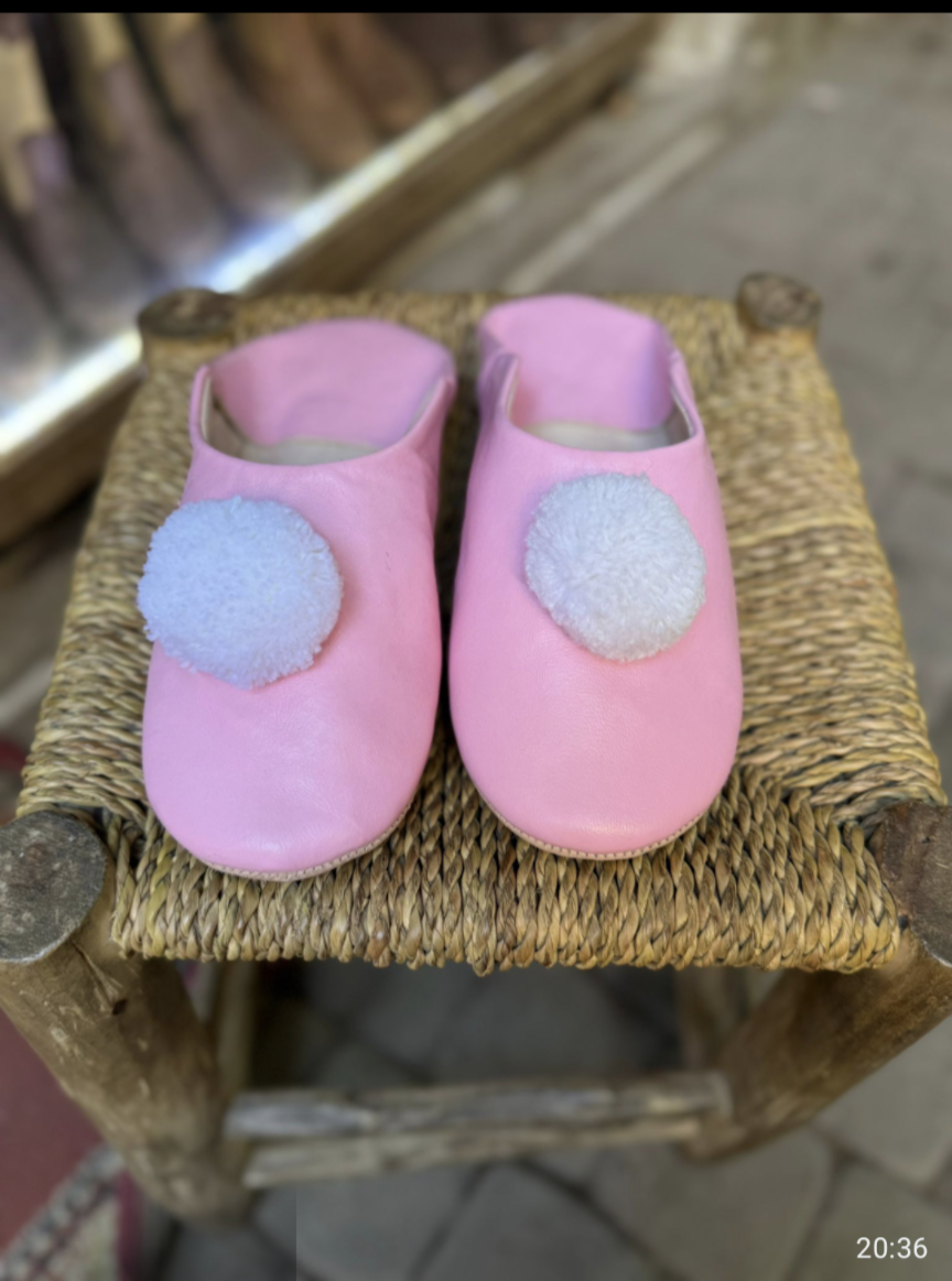 Babouche Rose  pompon Blanc