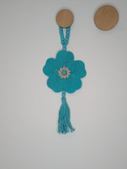 Suspension bois  Fleur Turquoise 50 cm