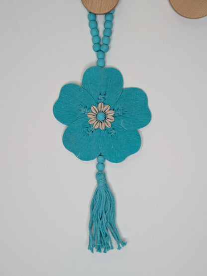 Suspension bois  Fleur Turquoise 50 cm