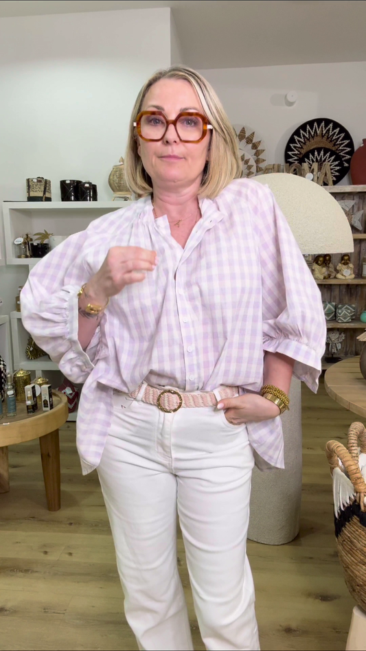 Blouse dos plisse carreaux manches longues volume Blanc
