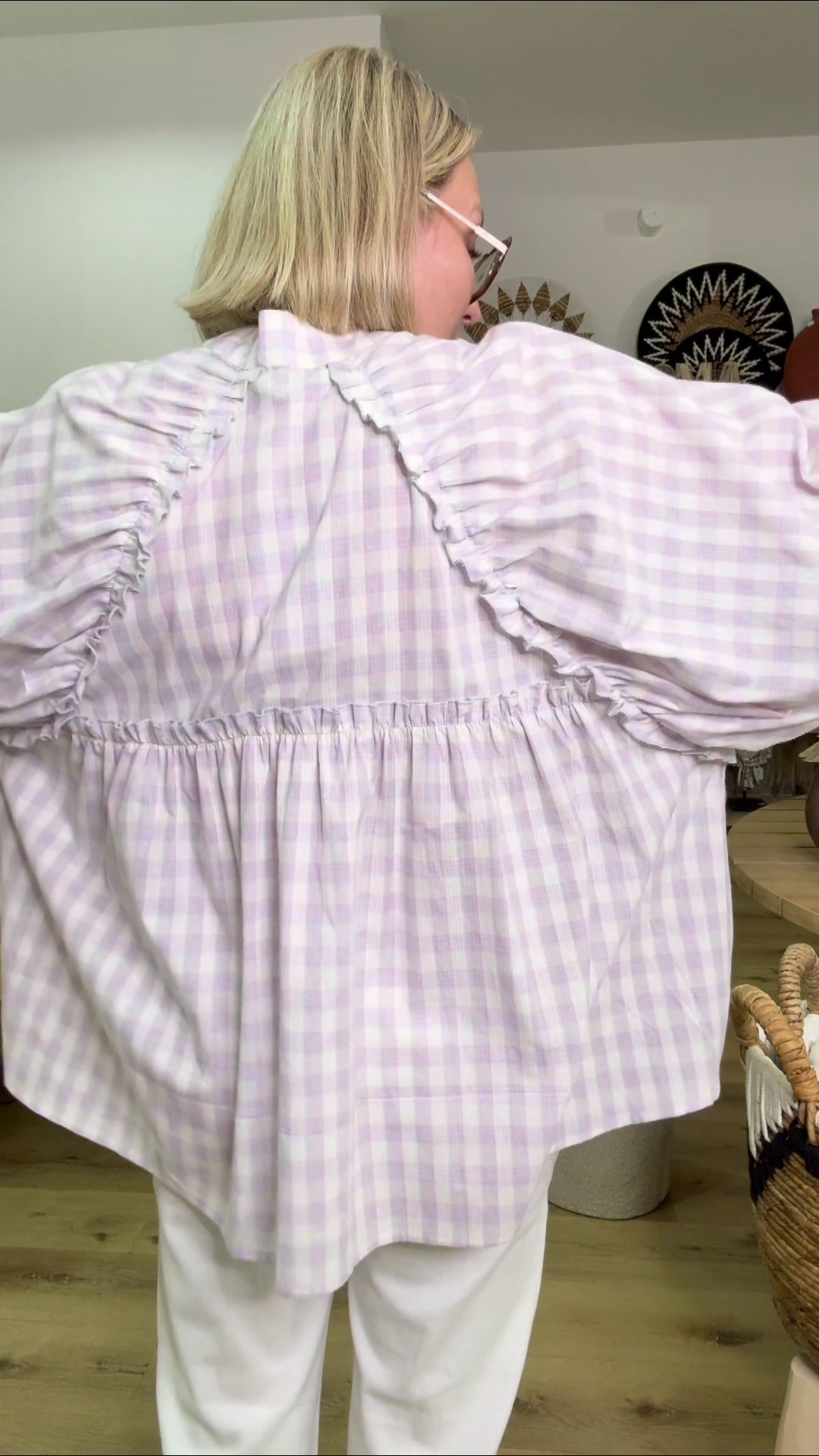 Blouse dos plisse carreaux manches longues volume Blanc