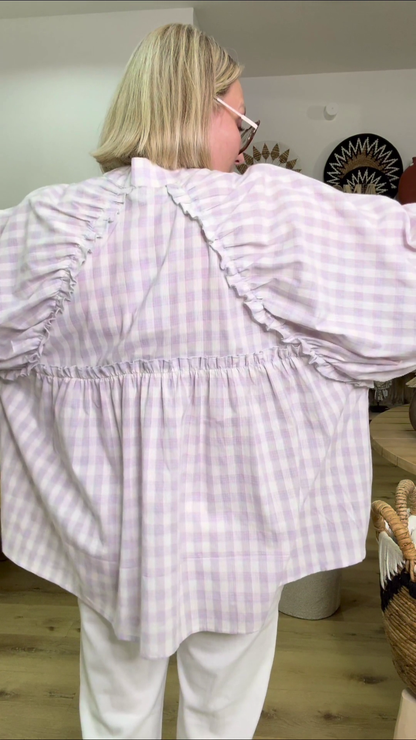 Blouse dos plisse carreaux manches longues volume Blanc