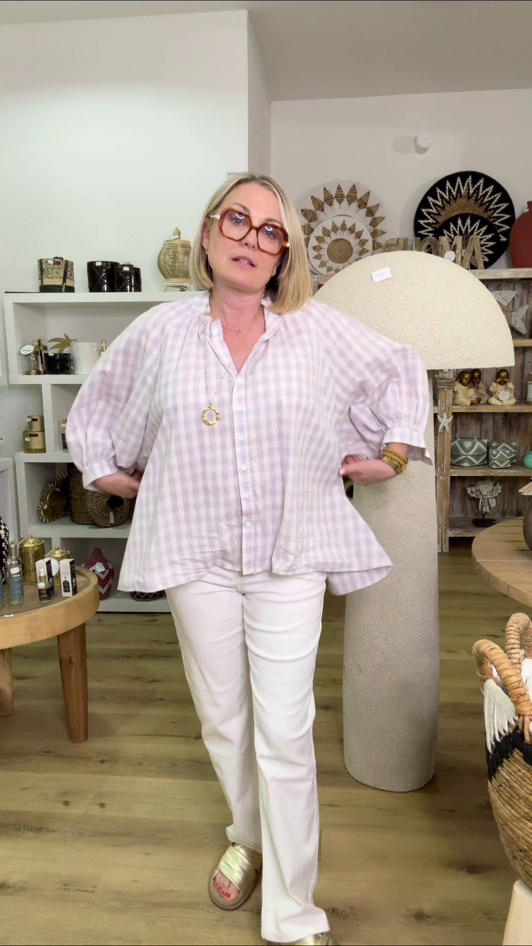 Blouse dos plisse carreaux manches longues volume Blanc