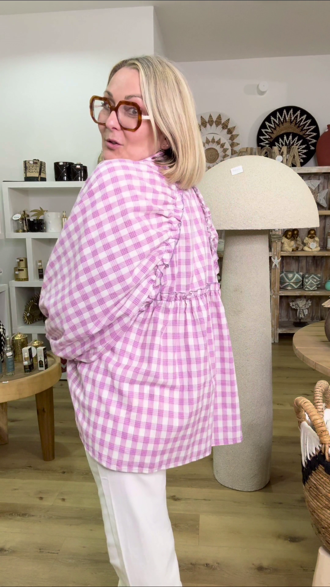 Blouse dos plisse carreaux manches longues volume Violet